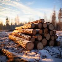 ai generado pila de pino registros en un invierno bosque a puesta de sol para social medios de comunicación enviar Talla foto