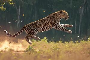 ai generado felino movimiento leopardo capturado en acción, corriendo mediante el bosque foto