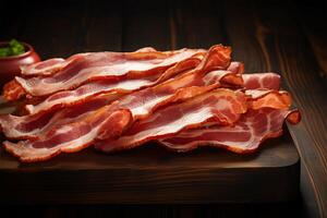 AI generated Top view Bacon slices arranged on a rustic wooden table photo