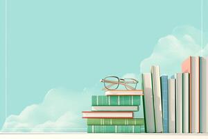 AI generated Mint background Stack of books and glasses for World Book Day photo