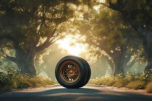 AI generated Forest drive Car wheel on asphalt road amid lush trees photo