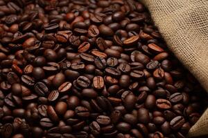 AI generated Roasted coffee beans on traditional sack textile, creating a warm background photo