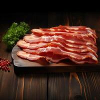 AI generated Top view Bacon slices arranged on a rustic wooden table For Social Media Post Size photo