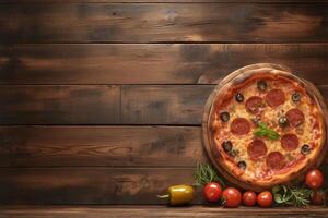 AI generated view Top view of pizza on wooden background with copy space photo