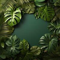 AI generated Monstera leaves frame on green background, evoking natural elegance For Social Media Post Size photo