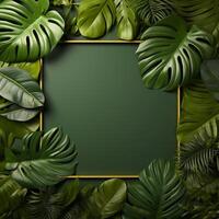 AI generated Green background highlighted by a stylish frame of Monstera leaves For Social Media Post Size photo