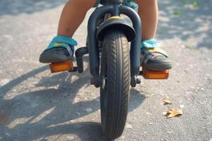 ai generado niño aprendizaje a paseo cuatro rueda bicicleta con ayudar ruedas foto