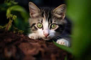 AI generated Adorable kitten with beautiful green eyes, in a relaxed playful pose photo