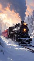 AI generated Snowy express Steam train glides through a serene snowy setting Vertical Mobile Wallpaper photo