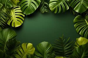 AI generated Monstera leaves frame on green background, evoking natural elegance photo