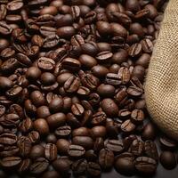 AI generated Roasted coffee beans on traditional sack textile, creating a warm background For Social Media Post Size photo