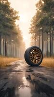 AI generated Wilderness journey Car wheel on asphalt road in the forest Vertical Mobile Wallpaper photo