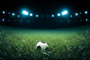 AI generated Stadium magic Nighttime soccer ball on the illuminated green stadium grass photo