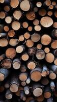 AI generated Image Pile of wood logs, trunks prepared for winter warmth Vertical Mobile Wallpaper photo