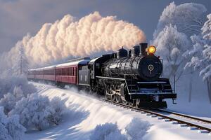 AI generated Snowy express Steam train glides through a serene snowy setting photo