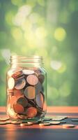 AI generated Financial accumulation Coins in a jar, background blurred, savings concept Vertical Mobile Wallpaper photo