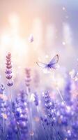 ai generado caprichoso naturaleza lavanda campo adornado con revoloteando mariposa y bokeh vertical móvil fondo de pantalla foto