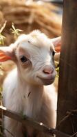ai generado adorable escena bebé cabra jugando con bambú cerca en granja vertical móvil fondo de pantalla foto