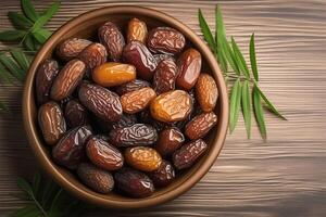 AI generated Healthy snack Top view of dates in bowl, wooden background photo