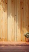 AI generated Hardwood table top in front of raintree wooden wall Vertical Mobile Wallpaper photo