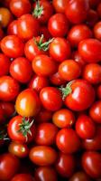 ai generado imagen cerca arriba antecedentes de rojo Tomates, solanácea lycopersicum, para rebaja vertical móvil fondo de pantalla foto