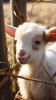 AI generated Adorable scene Baby goat playing with bamboo fence in farm Vertical Mobile Wallpaper photo