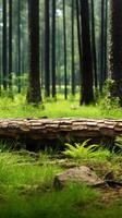 AI generated Forest scene Piece of log on green grass among pine trees Vertical Mobile Wallpaper photo