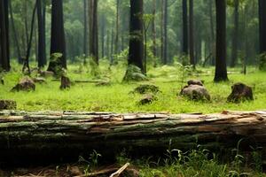 ai generado pedazo de Iniciar sesión en medio de lozano verdor en un sereno bosque foto