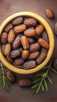 AI generated Date display Top view of dates in a wooden bowl Vertical Mobile Wallpaper photo