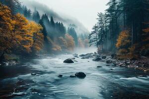 ai generado brumoso bosque devanado río, otoño árboles, sereno Mañana con texto espacio foto