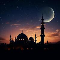 AI generated Silhouette of mosques, dome, crescent moon on twilight sky background For Social Media Post Size photo