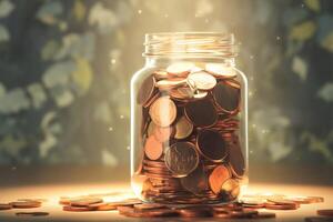 AI generated Money stash Glass jar filled with coins, blurred background, saving photo