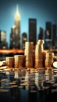 AI generated City skyline frames investment success with coins stack, finance concept Vertical Mobile Wallpaper photo