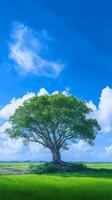 AI generated Lonely Bodhi tree against blue sky in peaceful paddy field Vertical Mobile Wallpaper photo