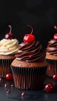 AI generated Gourmet treats Cupcakes on dark background, providing ample space for text Vertical Mobile Wallpaper photo