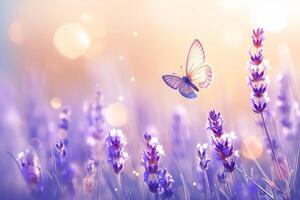 AI generated Botanical enchantment Purple lavender blooms with a delicate butterfly and bokeh photo