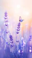 AI generated Whimsical nature Lavender field adorned with fluttering butterfly and bokeh Vertical Mobile Wallpaper photo