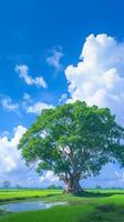 ai generado ver solitario bodhi árbol en arrozal campo blanco nubes, azul cielo vertical móvil fondo de pantalla foto