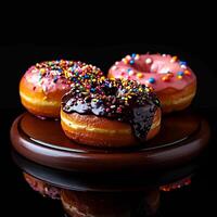 AI generated Sweet temptation Dark backdrop complements delicious donuts, ideal for text For Social Media Post Size photo