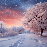 AI generated Snow covered trees against a pink sky at winter sunset For Social Media Post Size photo