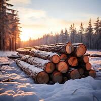 AI generated Scenic winter forest Sunset, pile of pine logs background For Social Media Post Size photo