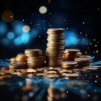 AI generated Finance flourishes with coins stack on mesmerizing dark blue bokeh For Social Media Post Size photo
