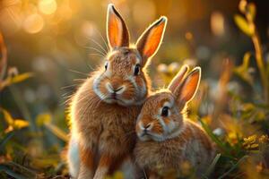 AI generated Sunlit bunny love Baby rabbits snuggle with their mother in meadow photo