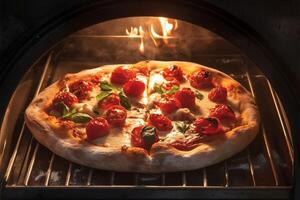 AI generated Oven fresh delight Pizza in the oven, showcasing freshly baked goodness photo