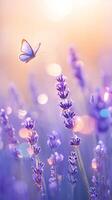 AI generated Botanical enchantment Purple lavender blooms with a delicate butterfly and bokeh Vertical Mobile Wallpaper photo