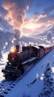 AI generated Winter rail journey Steam locomotive in a picturesque snowy landscape Vertical Mobile Wallpaper photo
