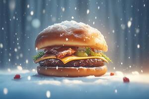 AI generated Winter treat Hamburger in the snow with snowflakes in the background photo