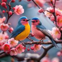 AI generated Cherry blossom serenity Colorful birds perched on a cherry tree For Social Media Post Size photo