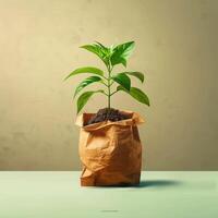 AI generated Minimalistic charm Green plant in a brown paper bag illustration For Social Media Post Size photo