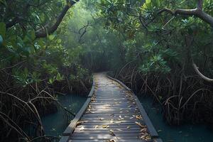 AI generated Wooden bridge in mangrove forest Ideal for outdoor tourism scenes photo